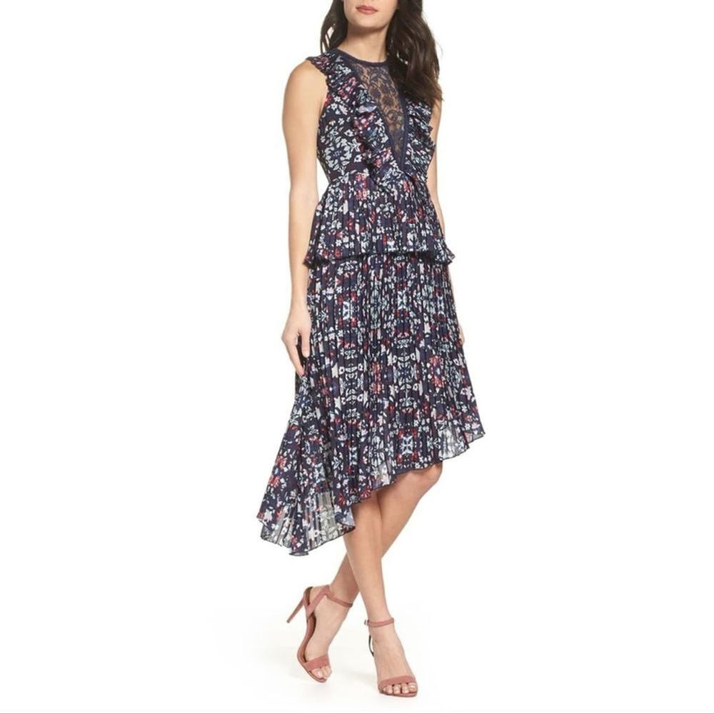 FOXIEDOX Dress Midi Asymmetrical Peplum Pleated